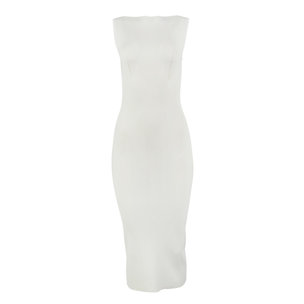 White Ribbed-Knit Midi Dress